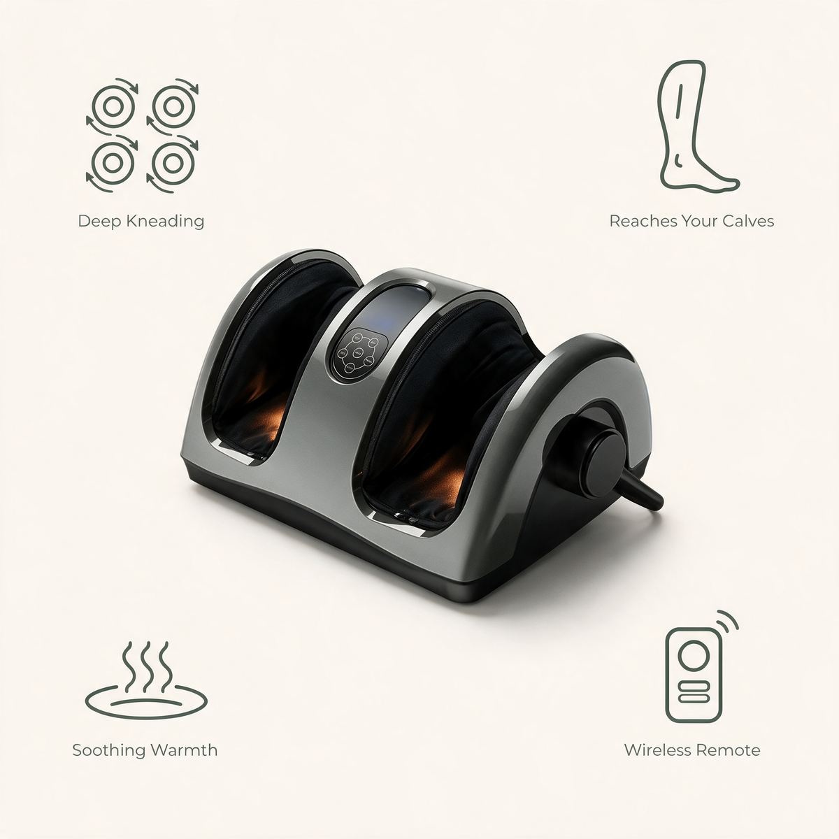 Heated Shiatsu Foot & Calf Massager benefits: deep kneading, reaches your calves, soothing warmth and wireless remote