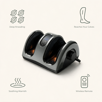 Heated Shiatsu Foot & Calf Massager benefits: deep kneading, reaches your calves, soothing warmth and wireless remote