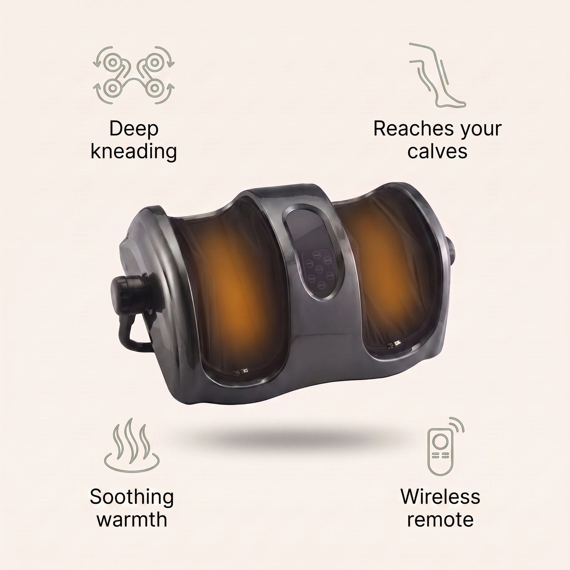 Heated Shiatsu Foot & Calf Massager benefits: deep kneading, reaches your calves, soothing warmth, wireless remote