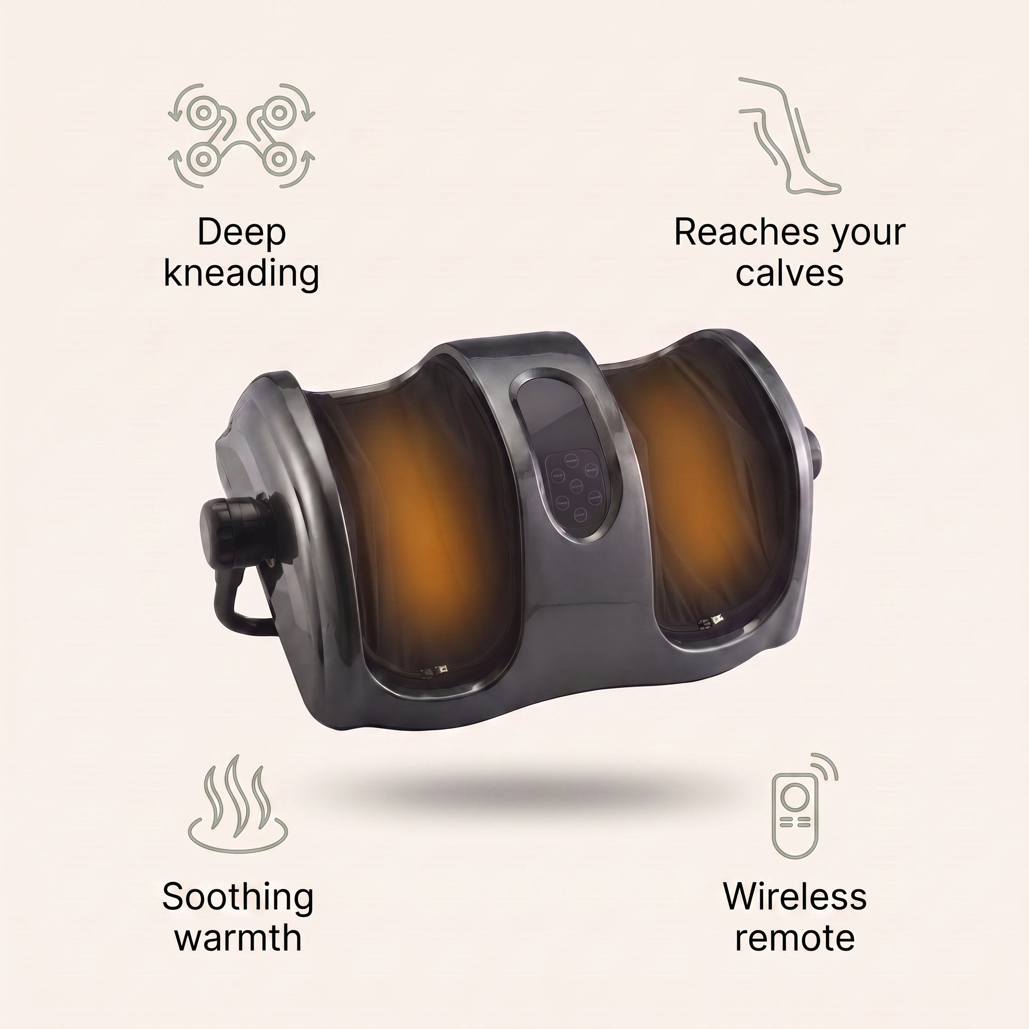 Heated Shiatsu Foot & Calf Massager benefits: deep kneading, reaches your calves, soothing warmth, wireless remote