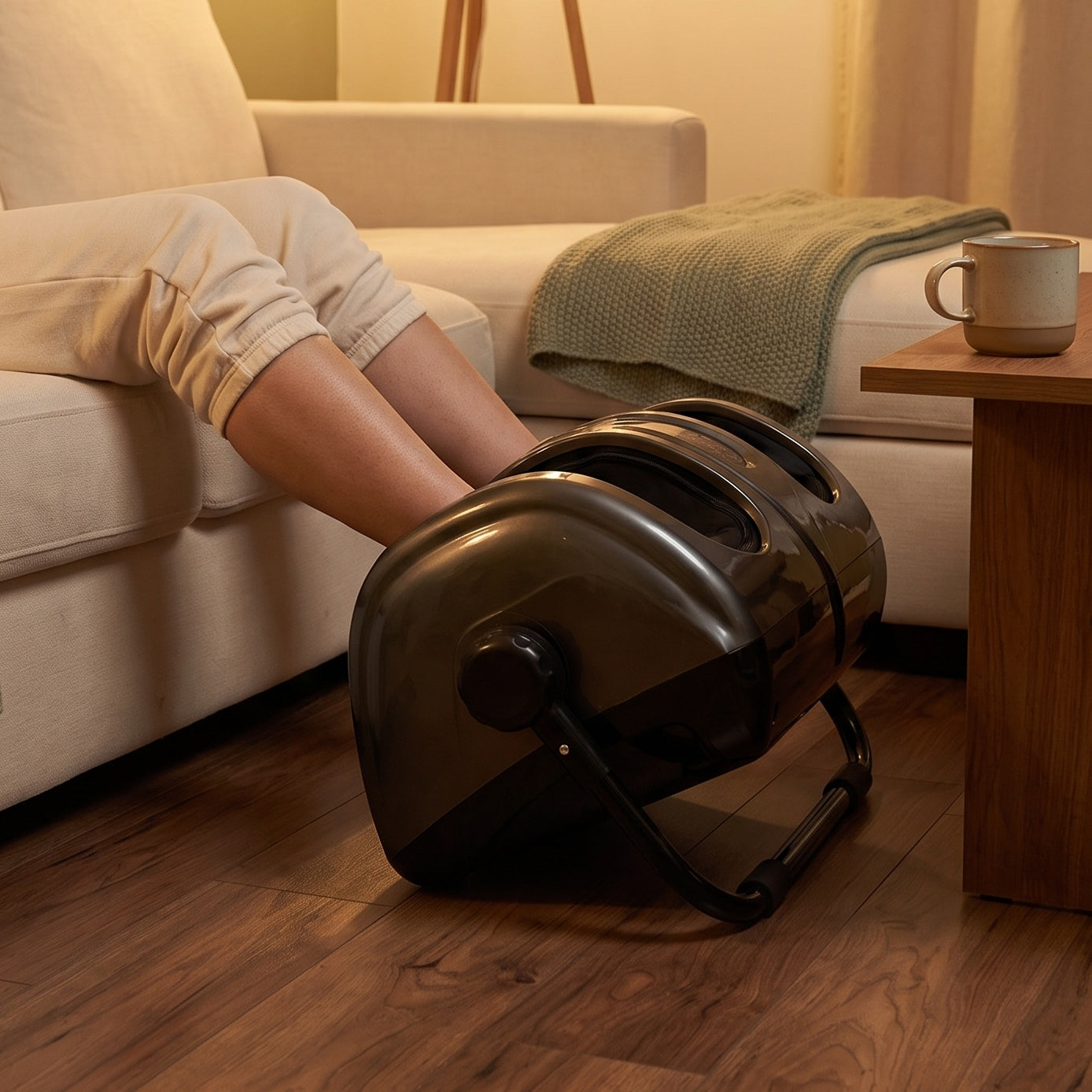 The Heated Shiatsu Foot & Calf Massager beside the sofa with both feet resting inside