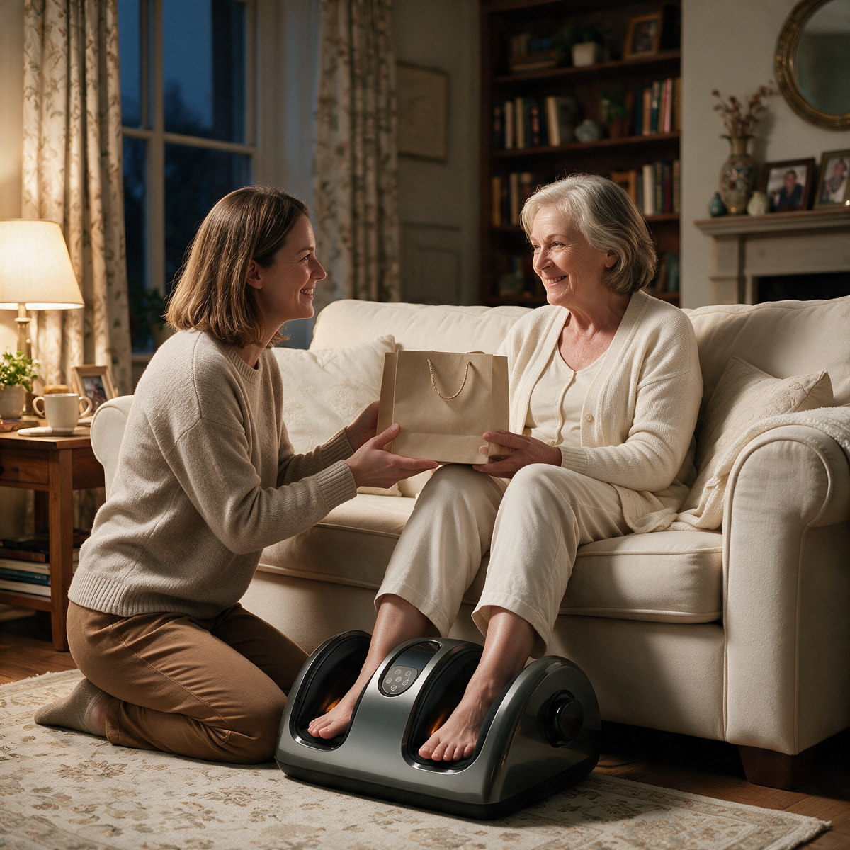 An older adult with their feet in the Heated Shiatsu Foot & Calf Massager while a younger adult kneels beside them with a gift bag