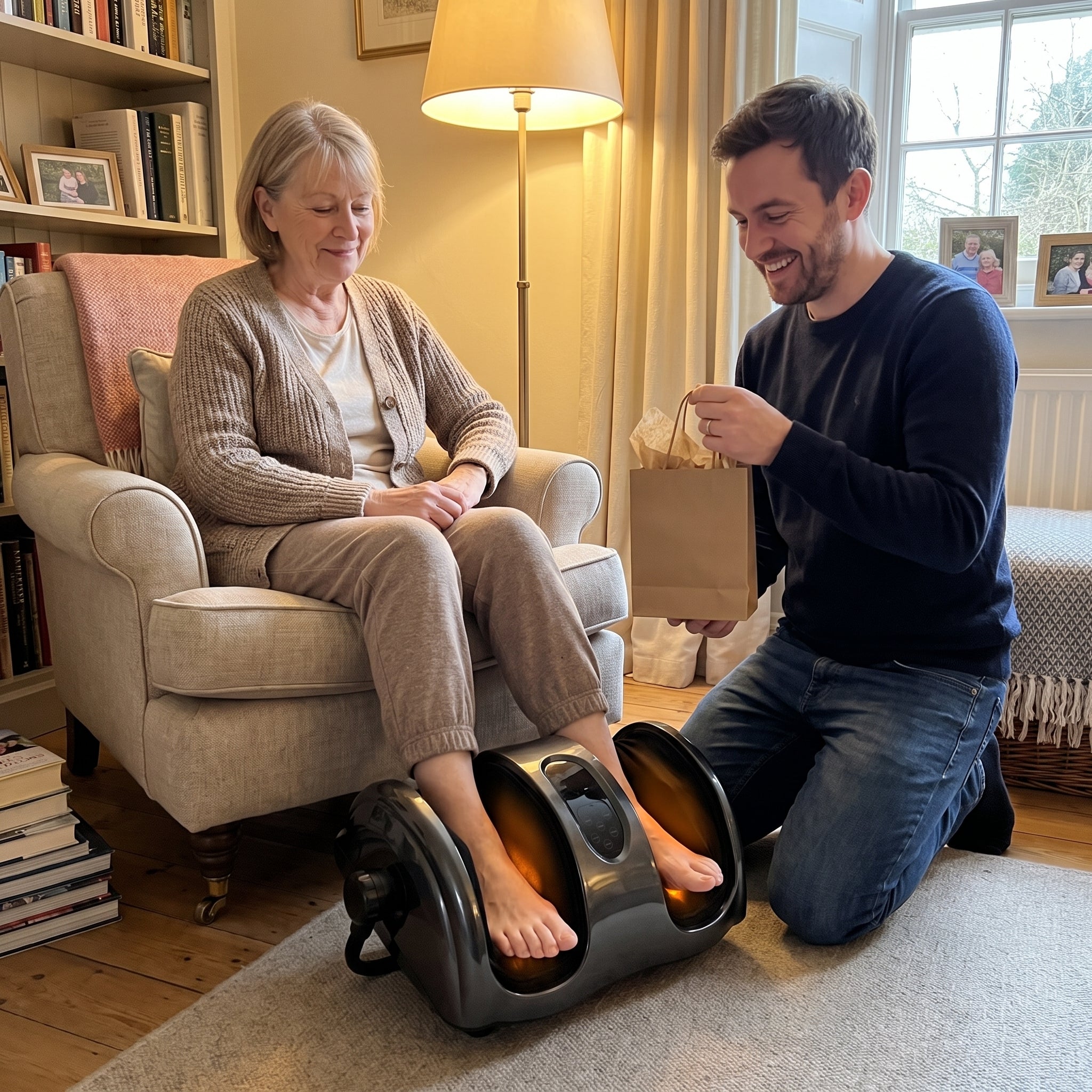 An older adult relaxing with their feet in the Heated Shiatsu Foot & Calf Massager as a thoughtful gift
