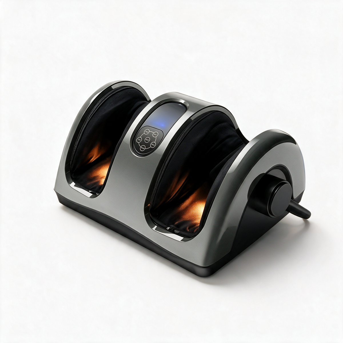 Sena Body Heated Shiatsu Foot & Calf Massager in grey, switched on with a warm glow inside both openings