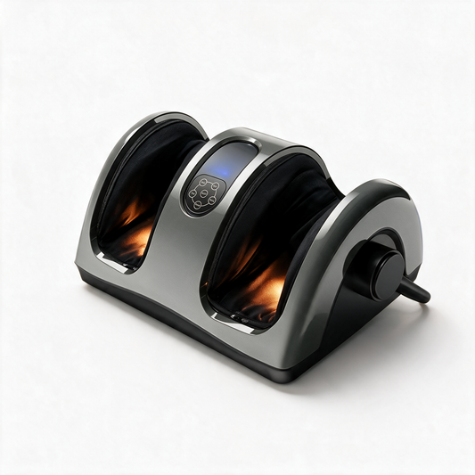 Sena Body Heated Shiatsu Foot & Calf Massager in grey, switched on with a warm glow inside both openings