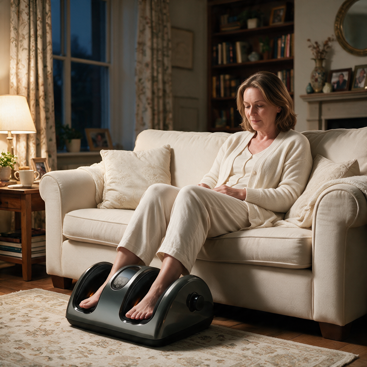 A woman settled back on the sofa with both feet inside the Heated Shiatsu Foot & Calf Massager