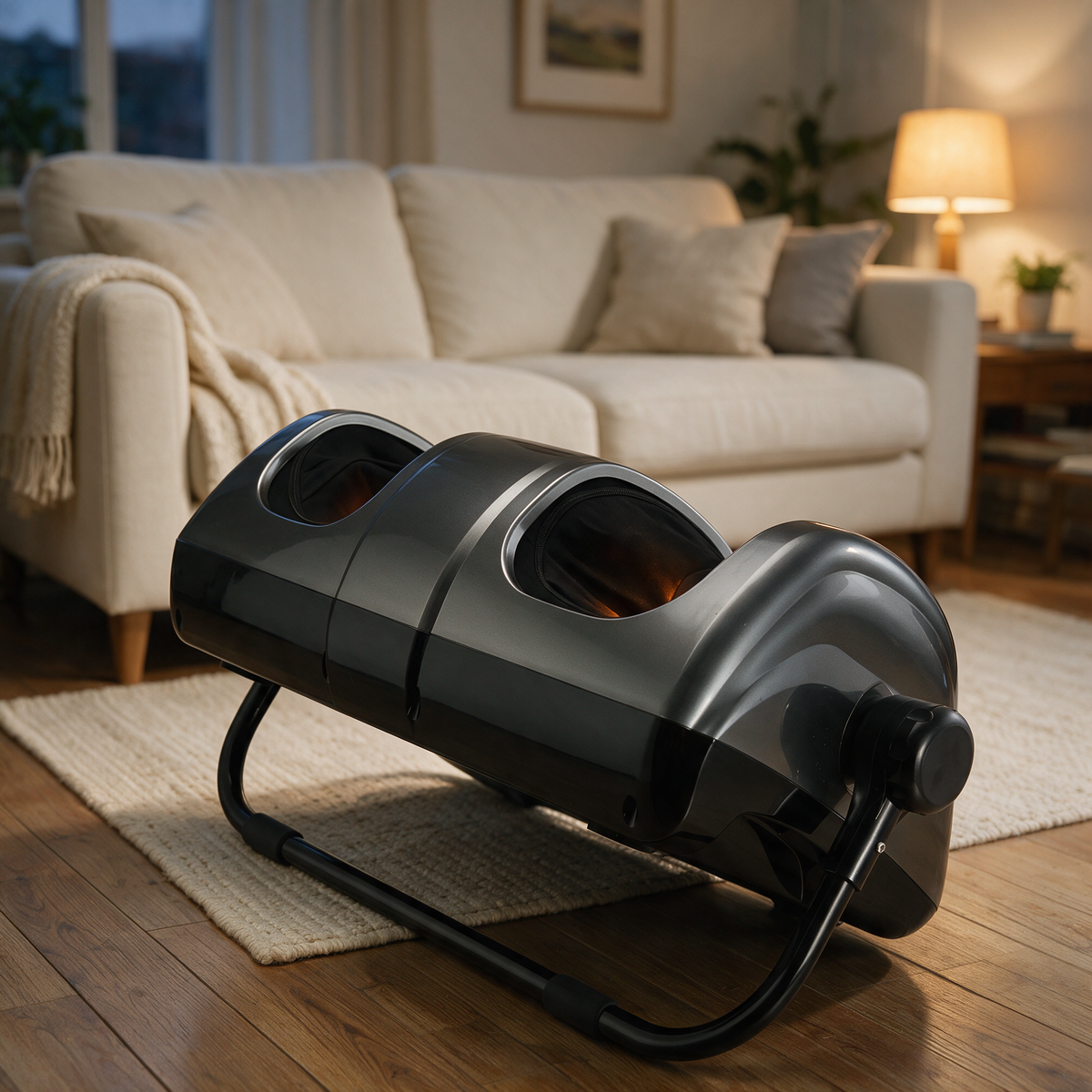 The Heated Shiatsu Foot & Calf Massager tilted up on its support bar for calf massage