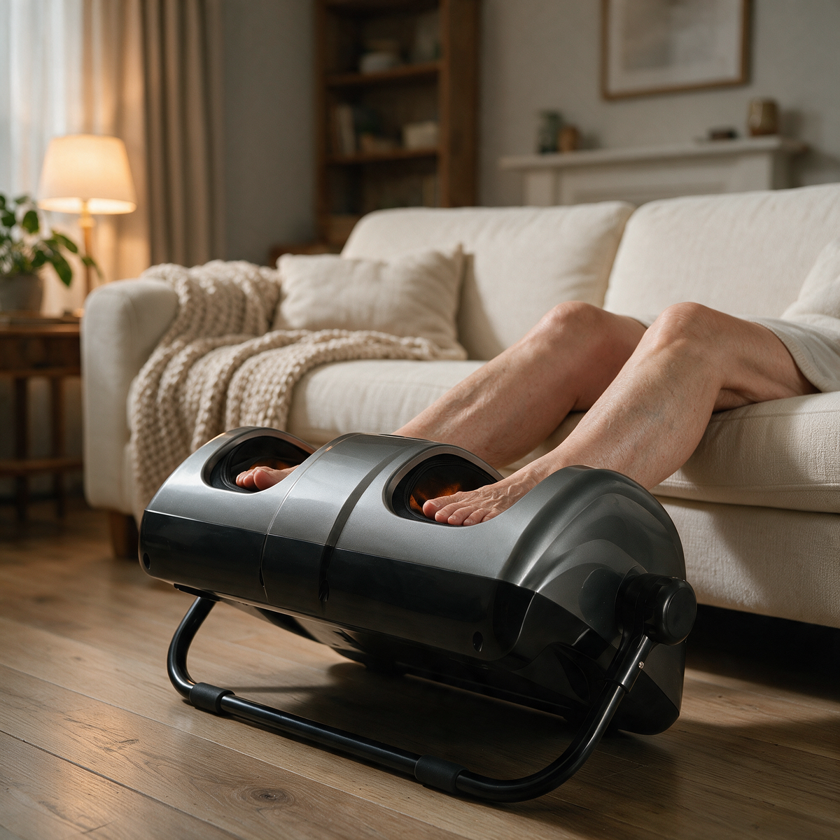 The Heated Shiatsu Foot & Calf Massager beside the sofa, tilted up on its support bar with both feet resting inside