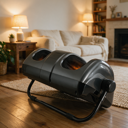 The Heated Shiatsu Foot & Calf Massager angled on its support bar on a living room floor