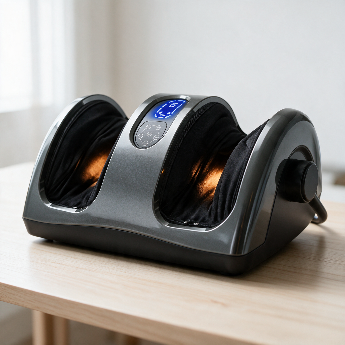 The Heated Shiatsu Foot & Calf Massager resting on a wooden table with the panel lit and a warm glow inside both openings