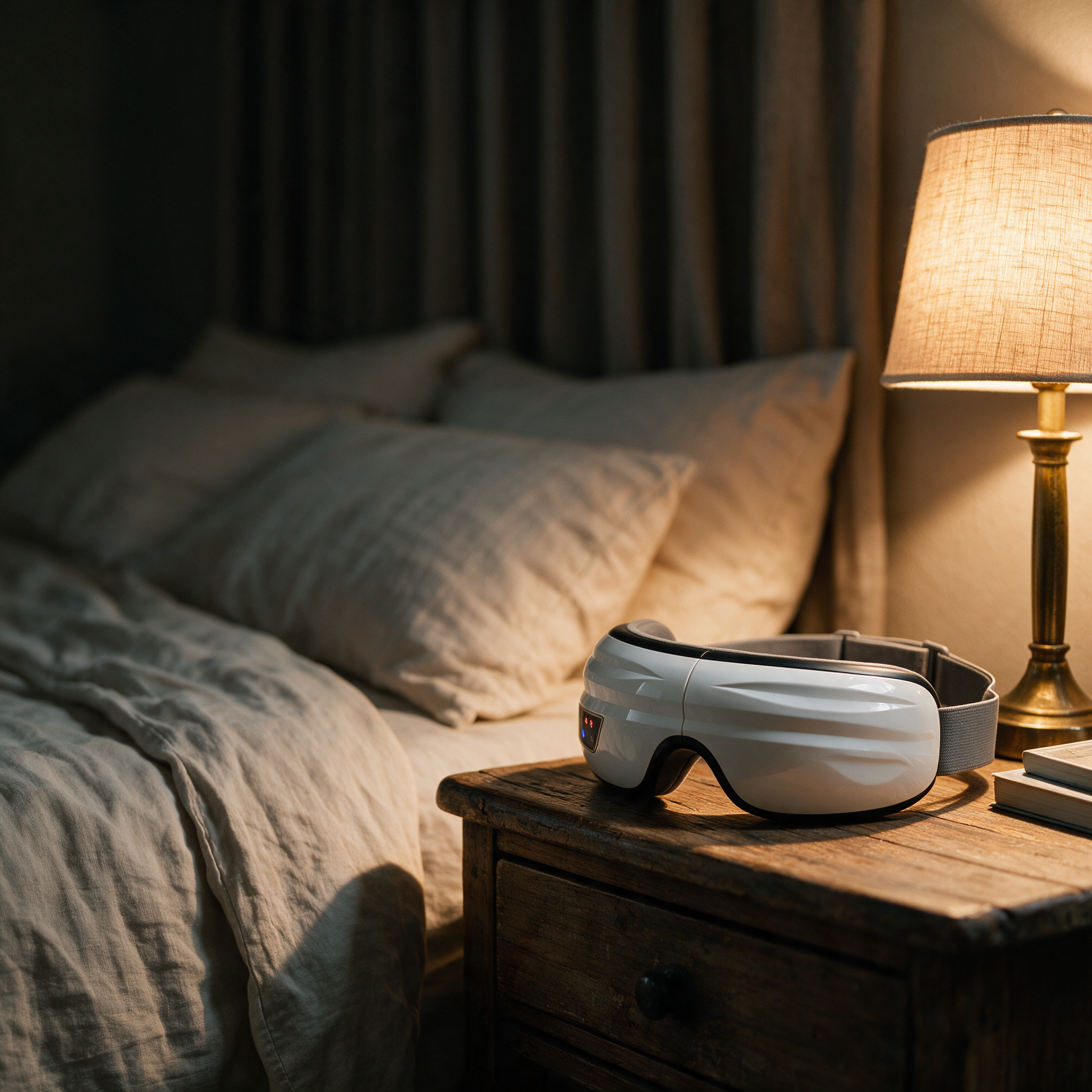 The Heated Eye Massager resting on a bedside table beside a lit lamp