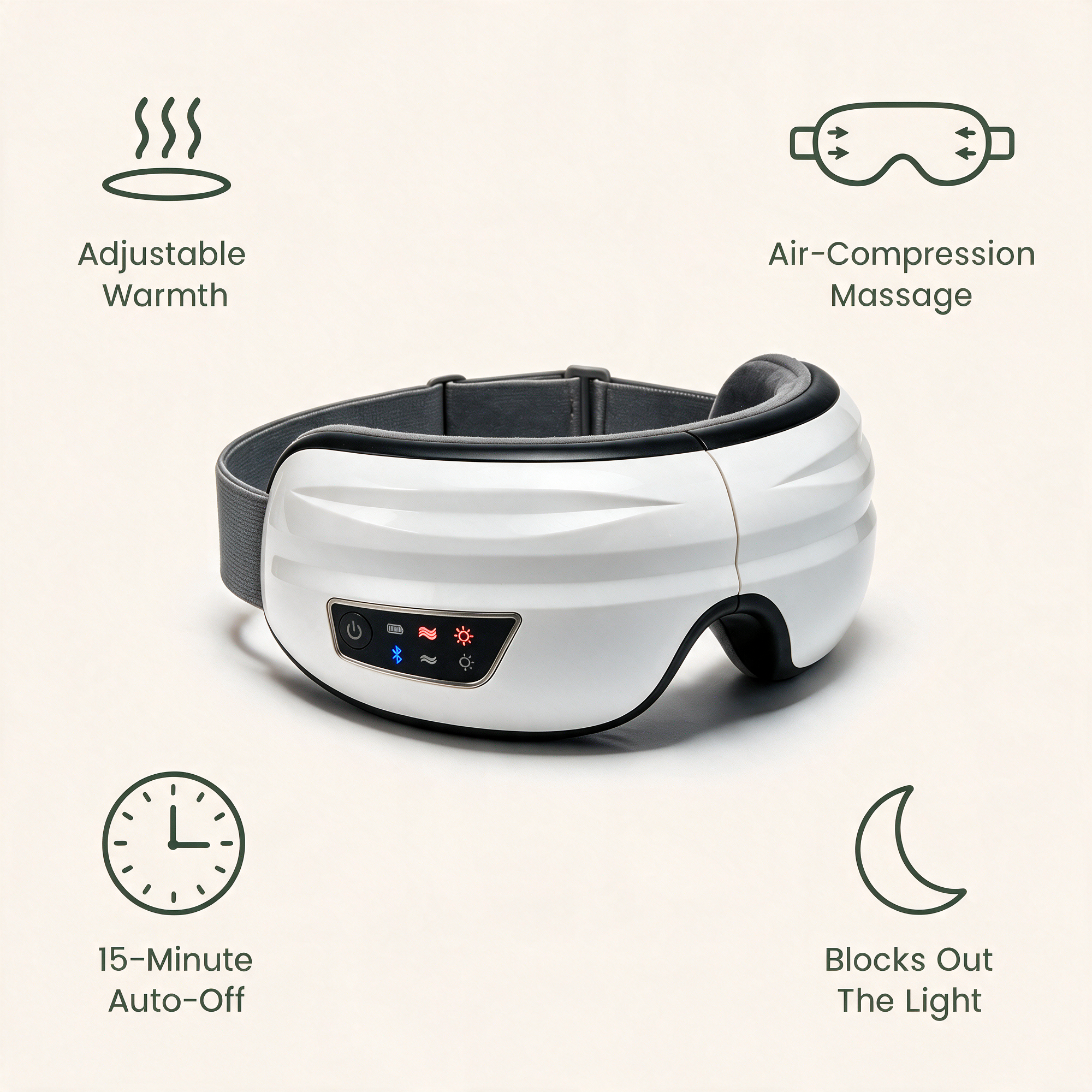 Heated Eye Massager benefits: adjustable warmth, air-compression massage, 15-minute auto-off and blocks out the light