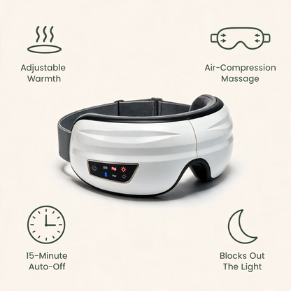 Heated Eye Massager benefits: adjustable warmth, air-compression massage, 15-minute auto-off and blocks out the light