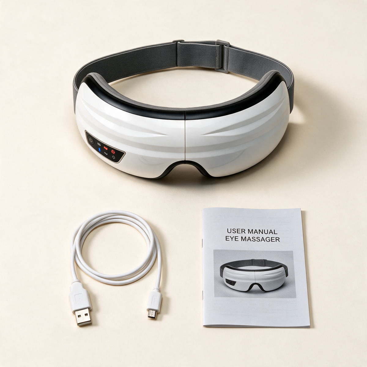 What is included with the Heated Eye Massager: the massager, a micro-USB cable and a user manual