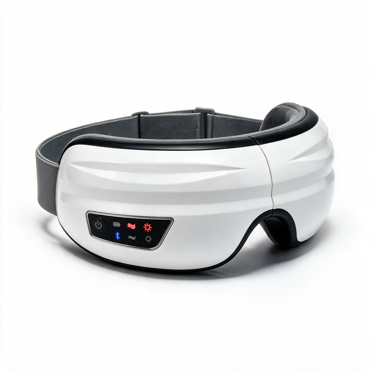 Sena Body Heated Eye Massager in white, switched on with its warmth and air compression lights showing