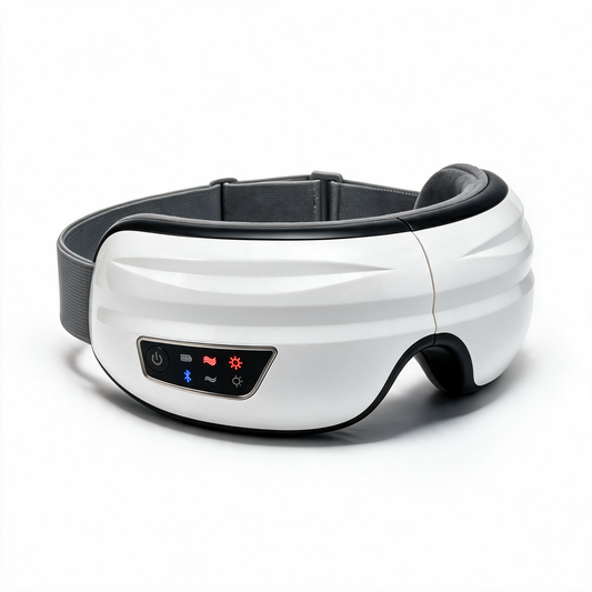 Sena Body Heated Eye Massager in white, switched on with its warmth and air compression lights showing