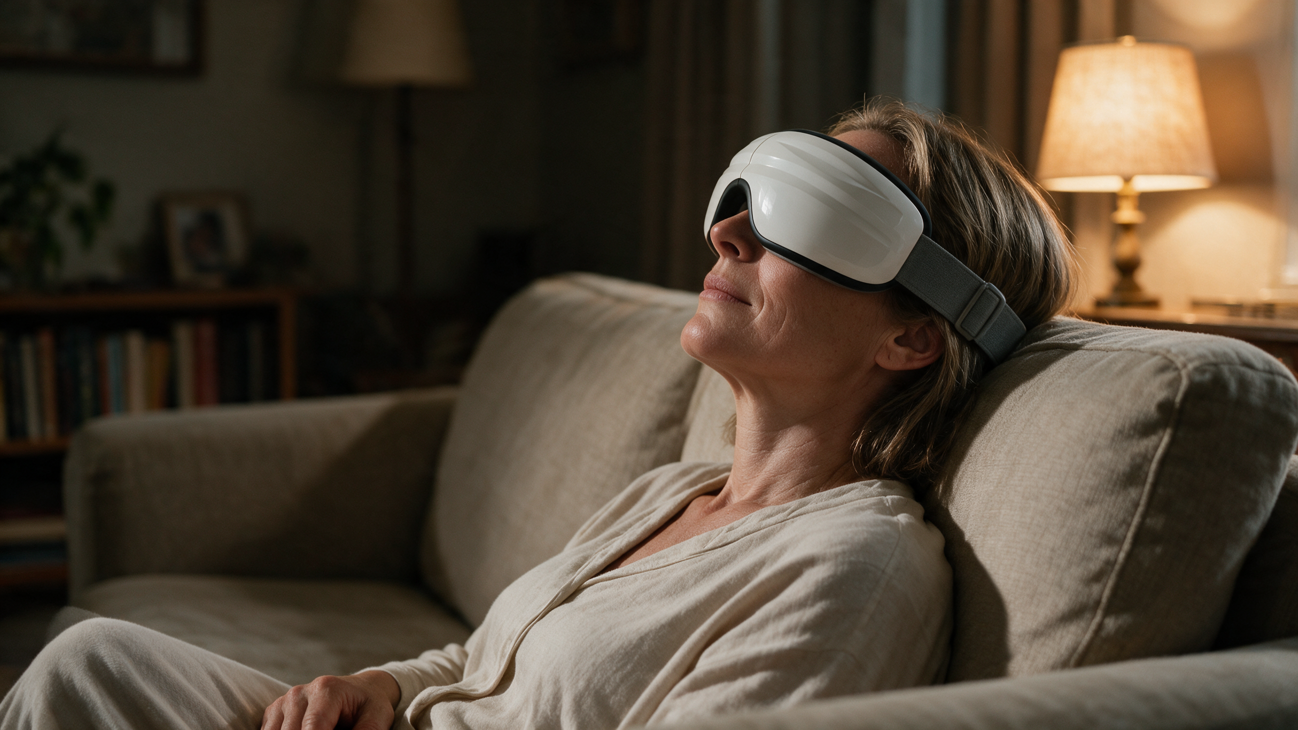 A woman resting back on the sofa in a warmly lit living room in the evening, wearing the Heated Eye Massager