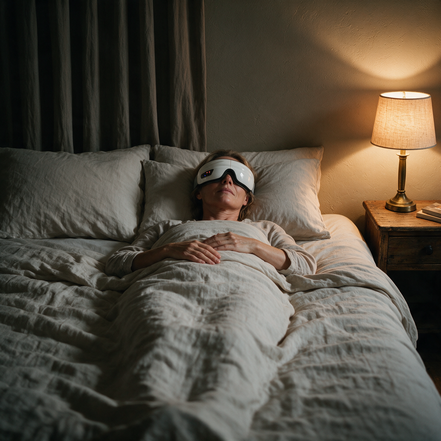 A woman settled in bed wearing the Heated Eye Massager, seen from the foot of the bed