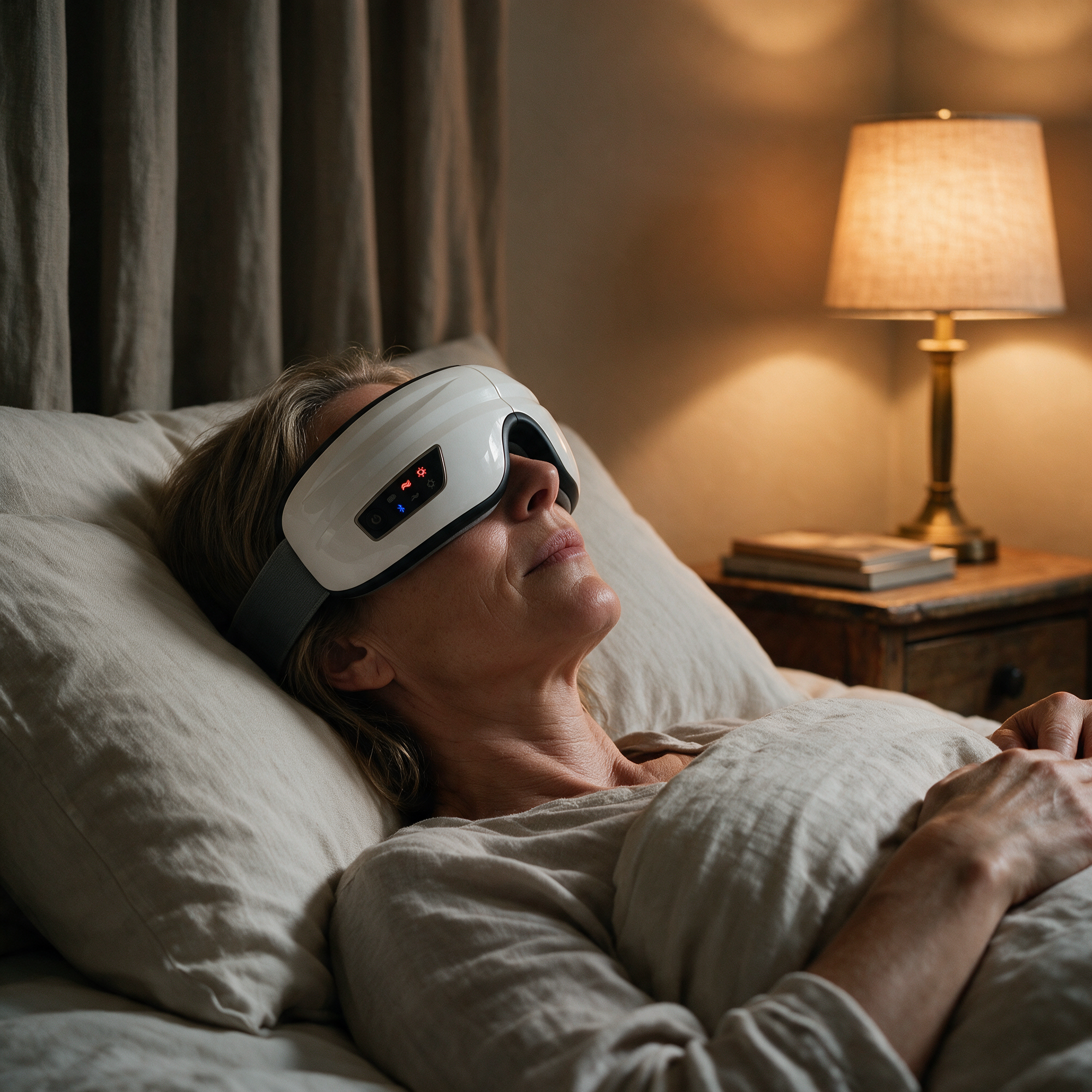 A woman lying back in bed in the evening wearing the Heated Eye Massager