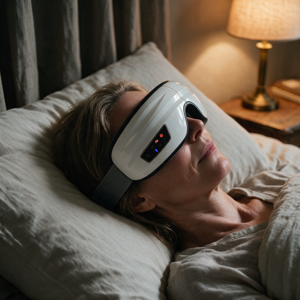 A woman resting on her pillow wearing the Heated Eye Massager, seen from above
