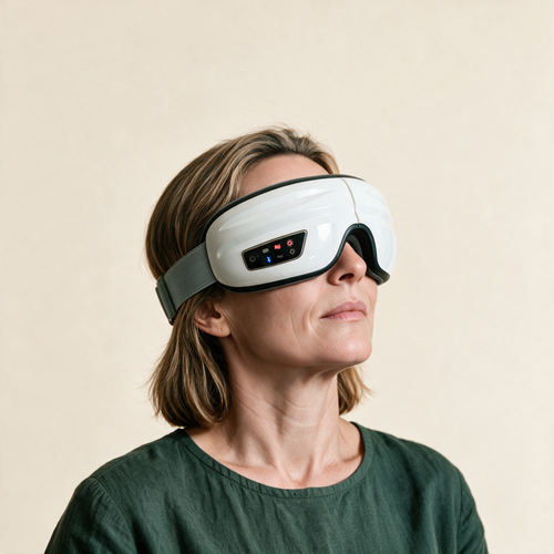 A woman wearing the Sena Body Heated Eye Massager