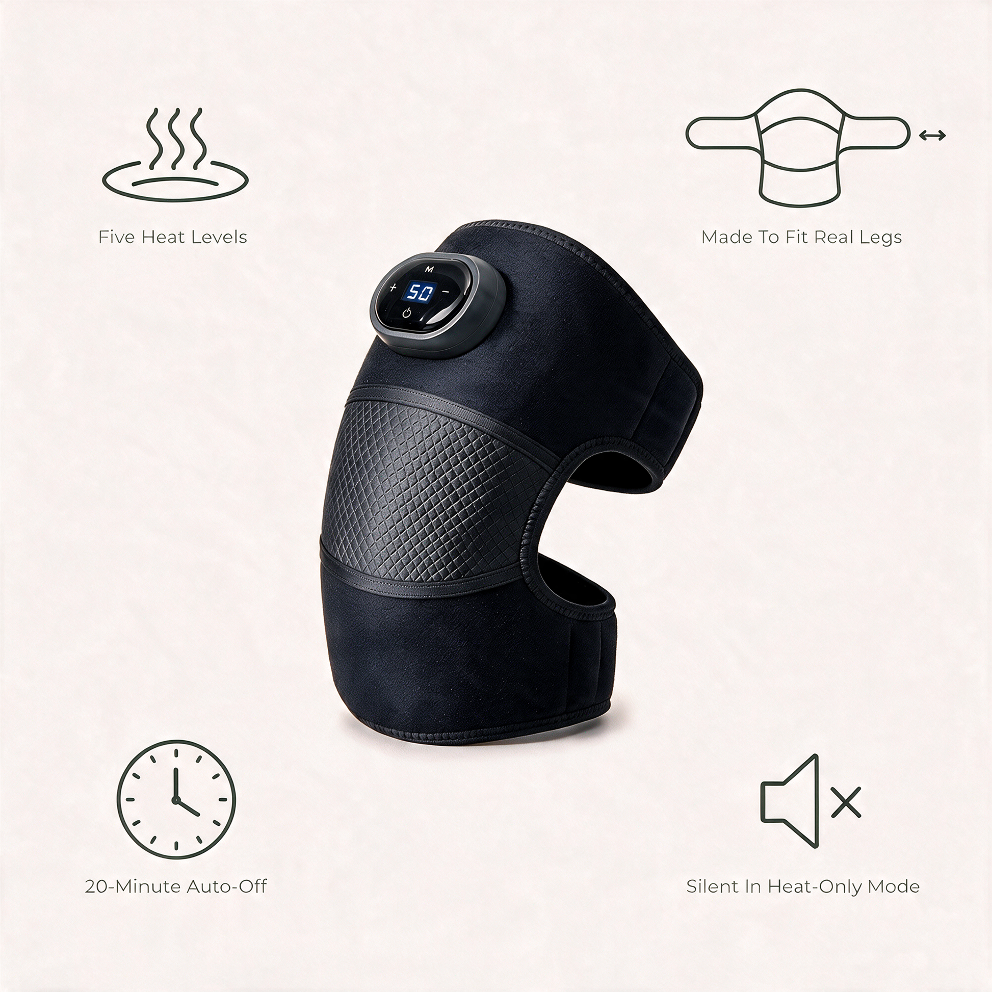 Heated Knee Massager benefits: five heat levels, made to fit real legs, 20-minute auto-off and silent in heat-only mode