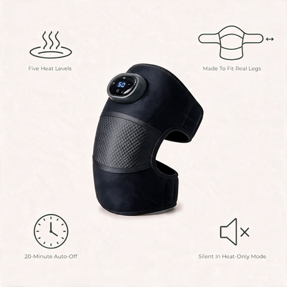 Heated Knee Massager benefits: five heat levels, made to fit real legs, 20-minute auto-off and silent in heat-only mode