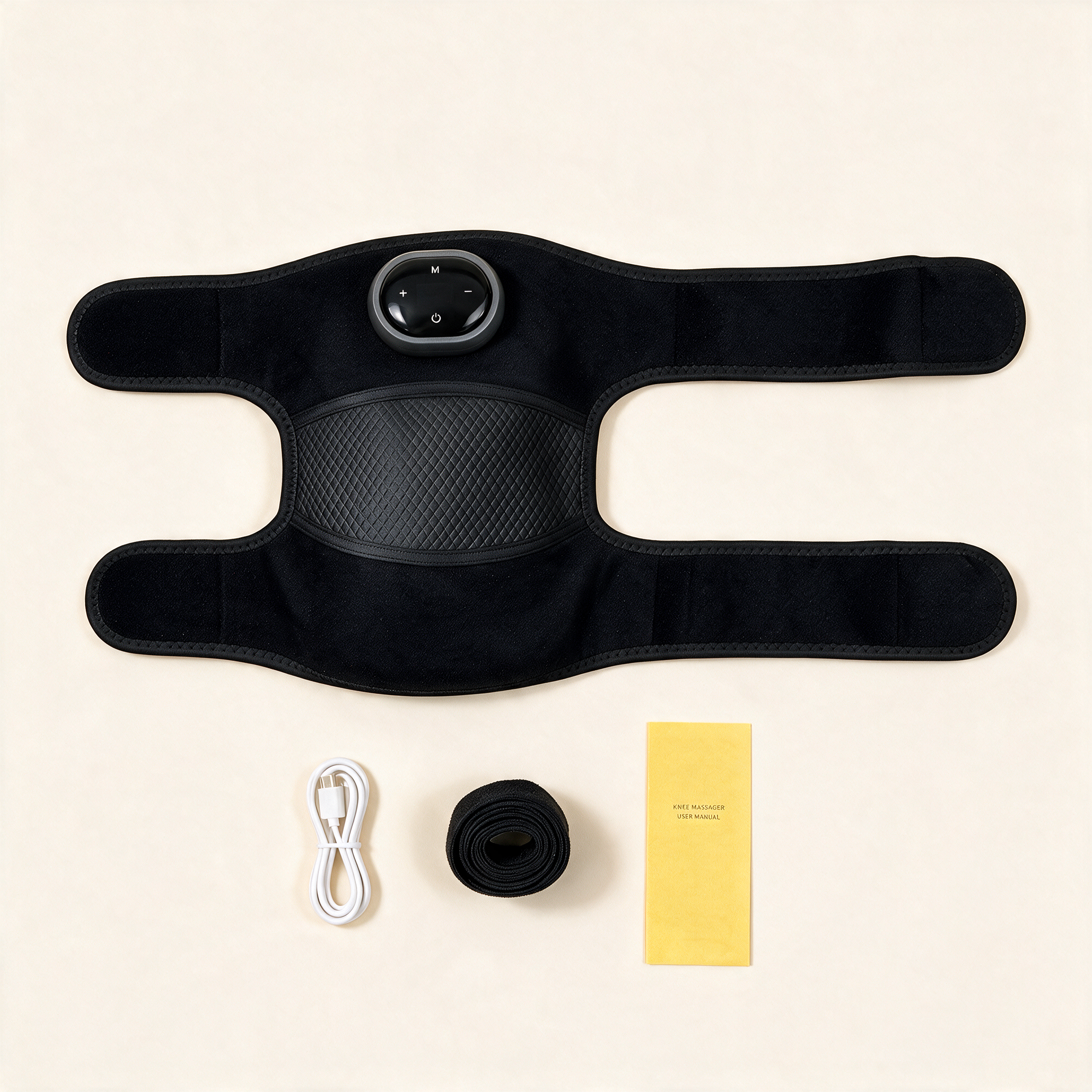 What is included with the Heated Knee Massager: the knee wrap with control unit, a white USB-C cable, an extension strap and a user manual