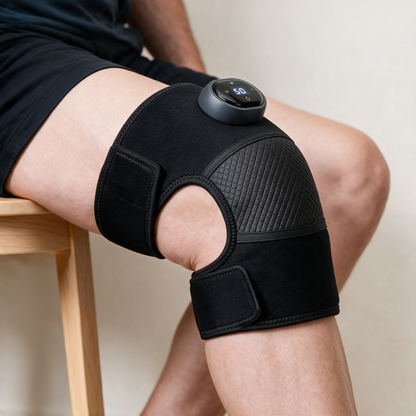 The Heated Knee Massager fastened around a larger leg, with a strap done up above and below the knee