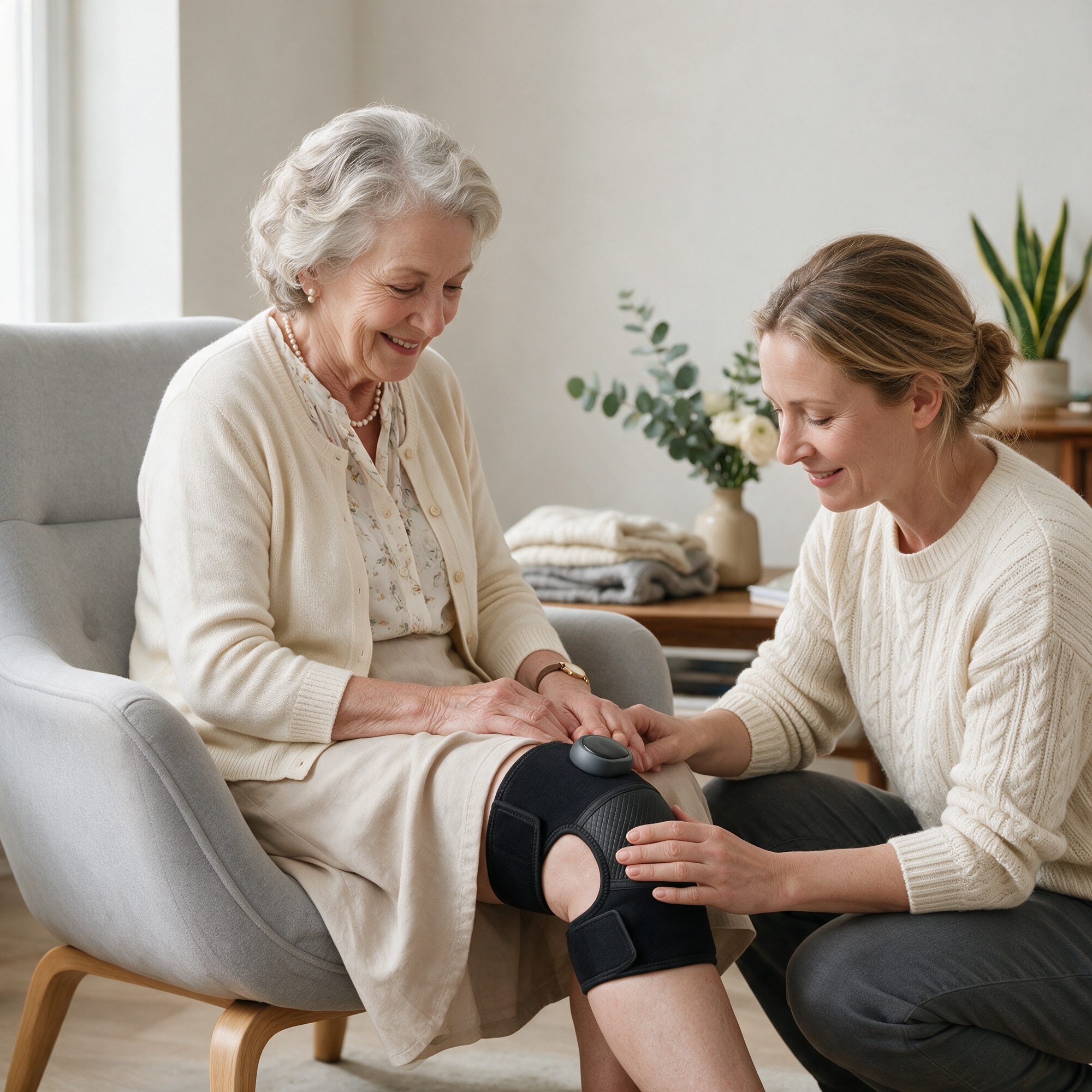 A woman fitting the Heated Knee Massager on an older woman's knee at home