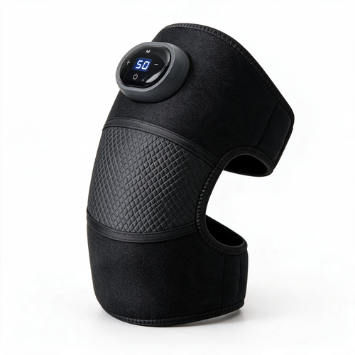 Sena Body Heated Knee Massager in black, switched on with the warmth setting showing on its control unit