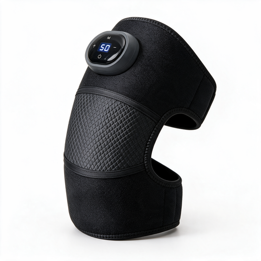 Sena Body Heated Knee Massager in black, switched on with the warmth setting showing on its control unit