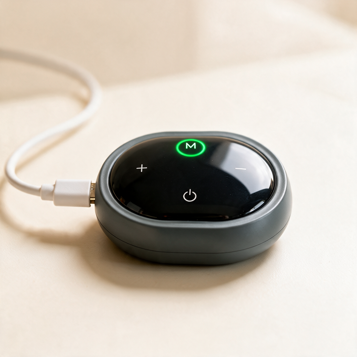 The control unit of the Heated Knee Massager charging with the white USB-C cable plugged in