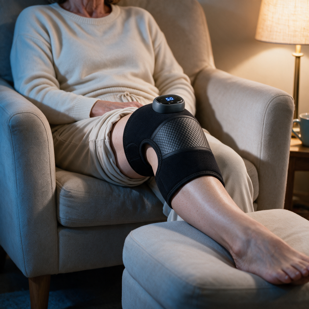 The Heated Knee Massager worn on one knee with the warmth setting lit on its control unit, while sitting back in an armchair