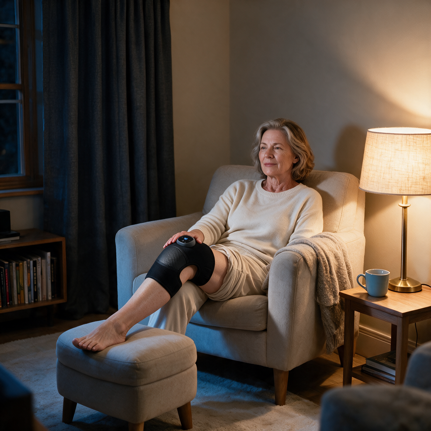 A woman sitting back in an armchair in a lamplit living room in the evening, wearing the Heated Knee Massager on one knee