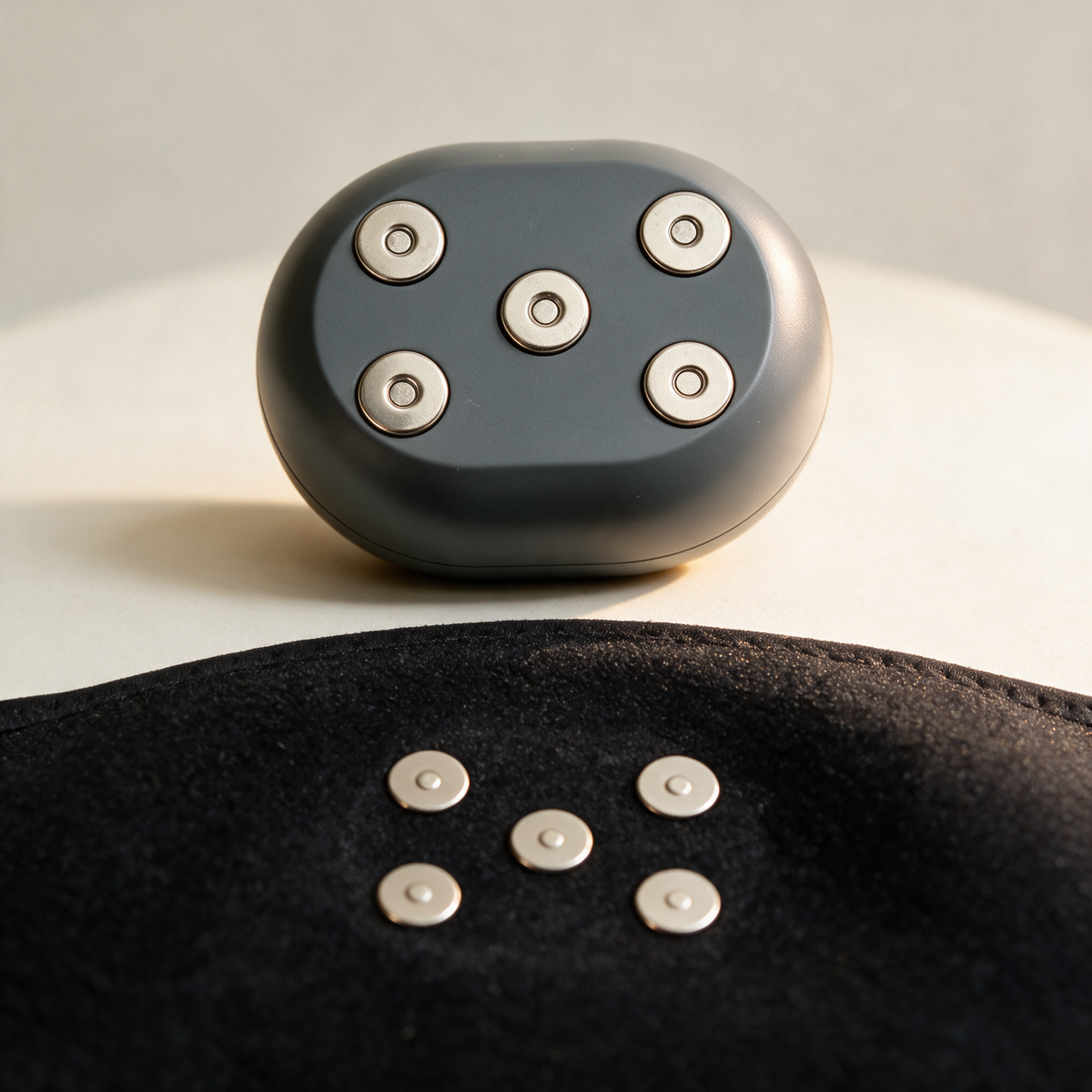 The magnetic control unit of the Heated Knee Massager lifted off the wrap, showing its five magnetic contacts