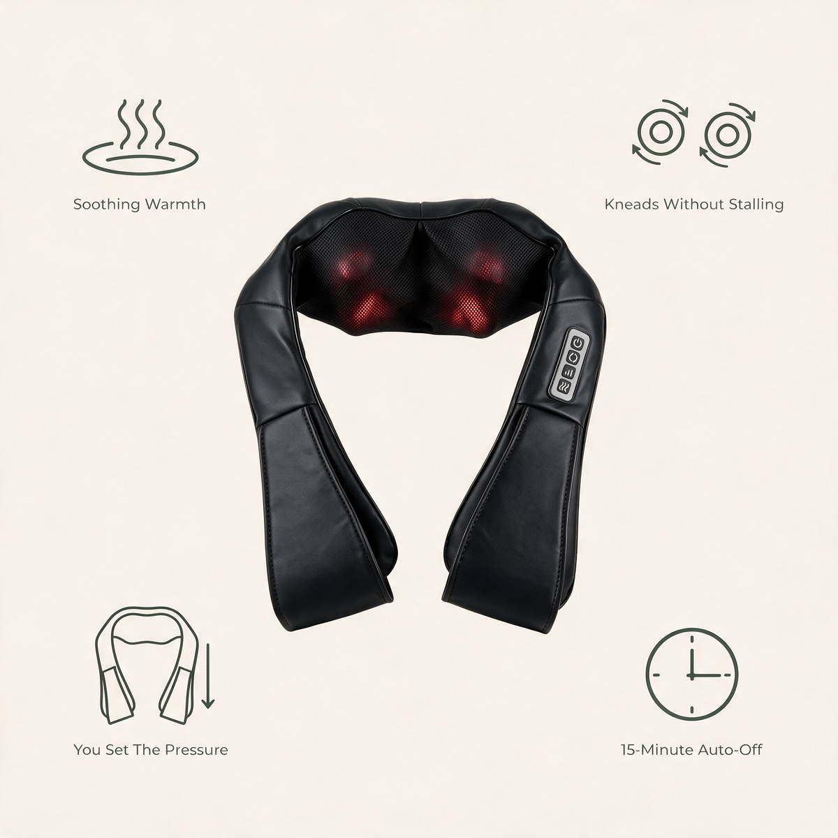 Heated Shiatsu Neck & Shoulder Massager benefits: soothing warmth, kneads without stalling, you set the pressure and 15-minute auto-off