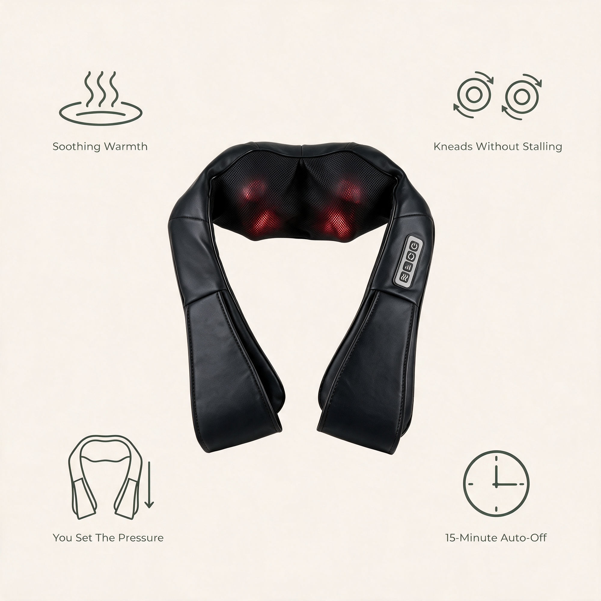 Heated Shiatsu Neck & Shoulder Massager benefits: soothing warmth, kneads without stalling, you set the pressure and 15-minute auto-off