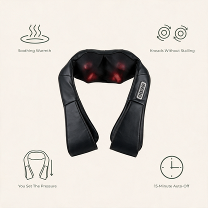 Heated Shiatsu Neck & Shoulder Massager benefits: soothing warmth, kneads without stalling, you set the pressure and 15-minute auto-off