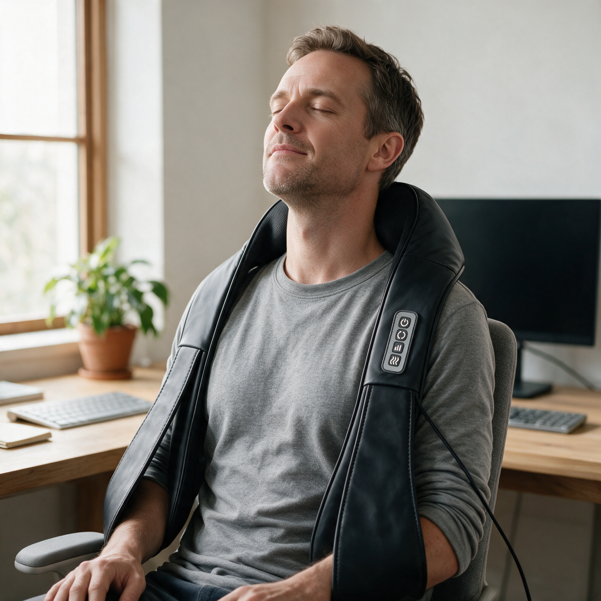 A man taking a break at a home desk, wearing the Heated Shiatsu Neck & Shoulder Massager