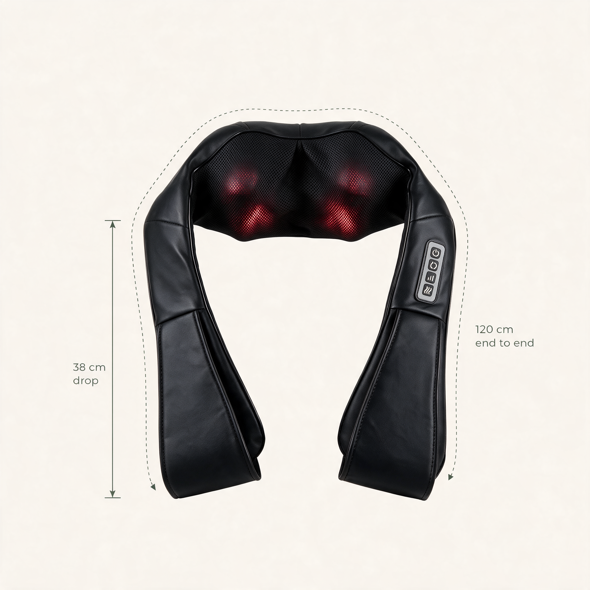 The Heated Shiatsu Neck & Shoulder Massager laid out flat, measuring 120 cm end to end with a 38 cm drop on each side
