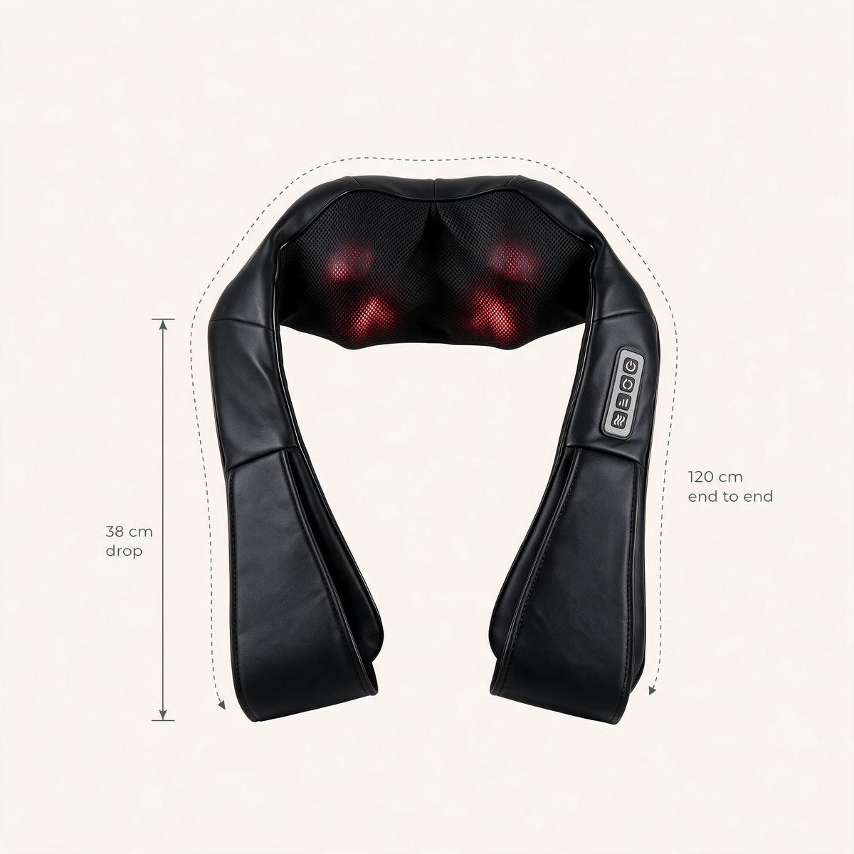 The Heated Shiatsu Neck & Shoulder Massager laid out flat, measuring 120 cm end to end with a 38 cm drop on each side