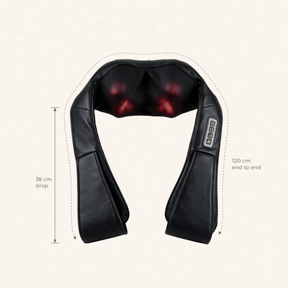 The Heated Shiatsu Neck & Shoulder Massager laid out flat, measuring 120 cm end to end with a 38 cm drop on each side
