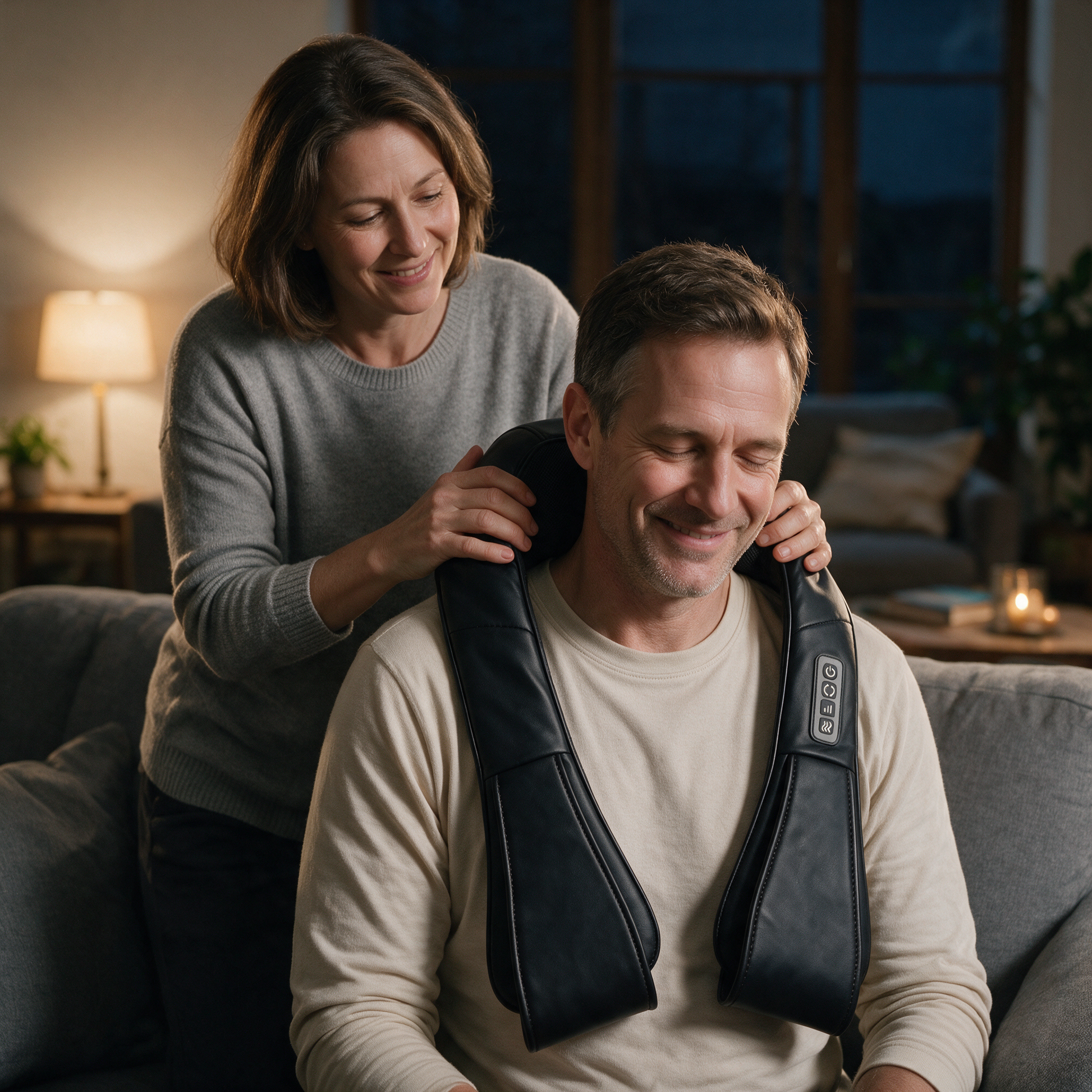 A woman settling the Heated Shiatsu Neck & Shoulder Massager onto her partner's shoulders at home