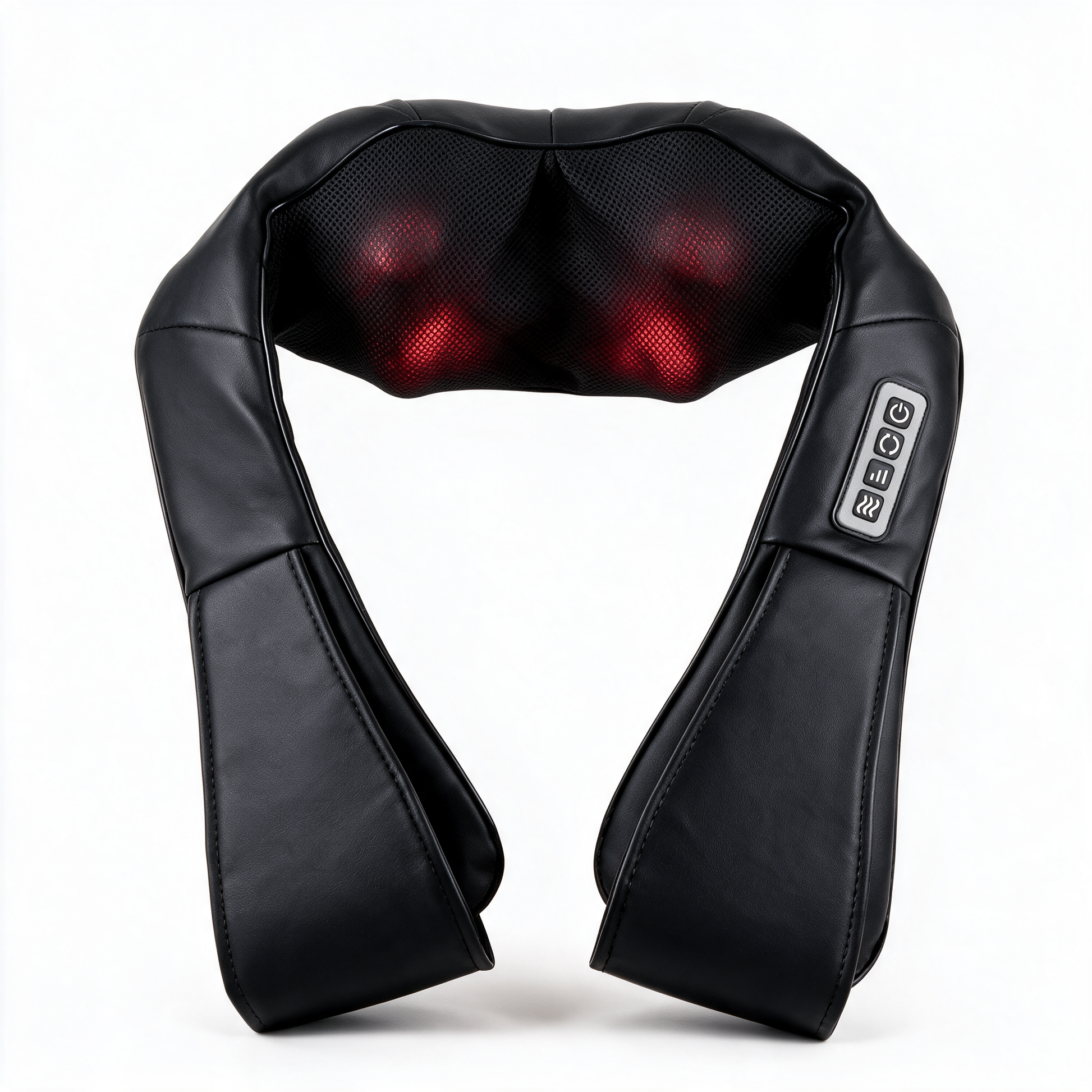 Sena Body Heated Shiatsu Neck & Shoulder Massager in black, switched on with a soft red glow showing through its mesh front