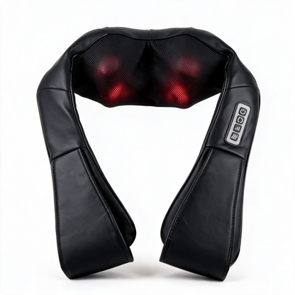 Sena Body Heated Shiatsu Neck & Shoulder Massager in black, switched on with a soft red glow showing through its mesh front