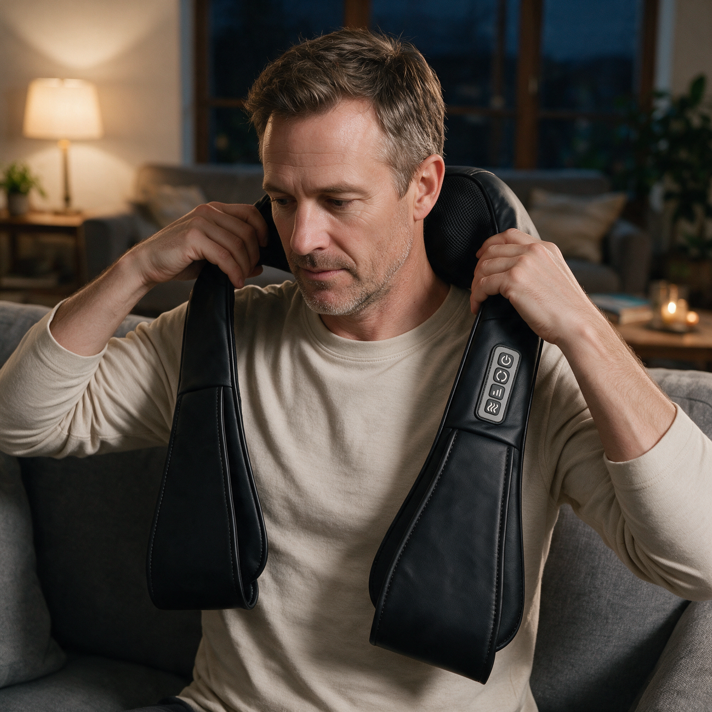 A man draping the Heated Shiatsu Neck & Shoulder Massager over his shoulders