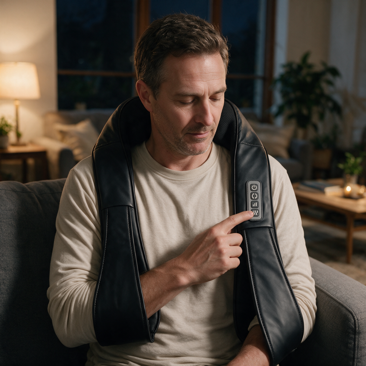 A man pressing one of the buttons on the strap of the Heated Shiatsu Neck & Shoulder Massager while wearing it