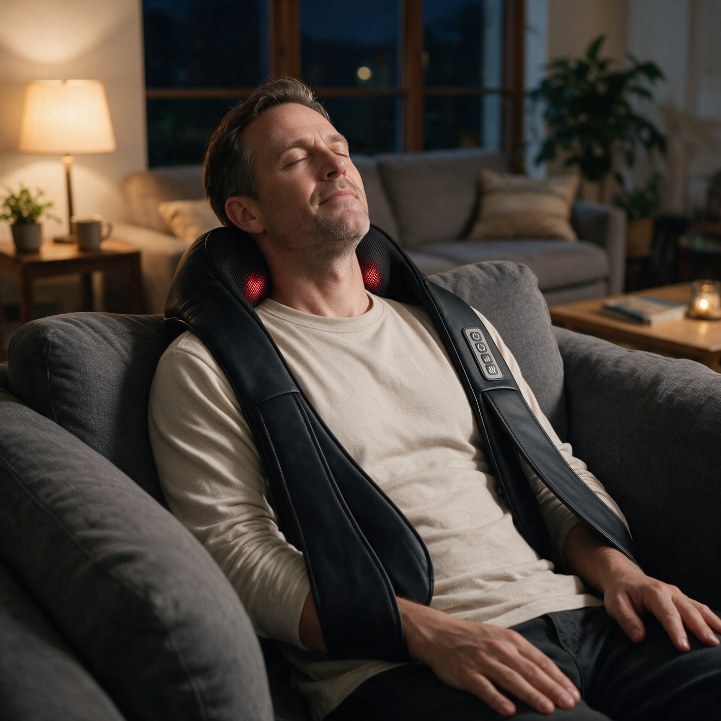 A man settled back on the sofa with his hands resting in his lap, wearing the Heated Shiatsu Neck & Shoulder Massager