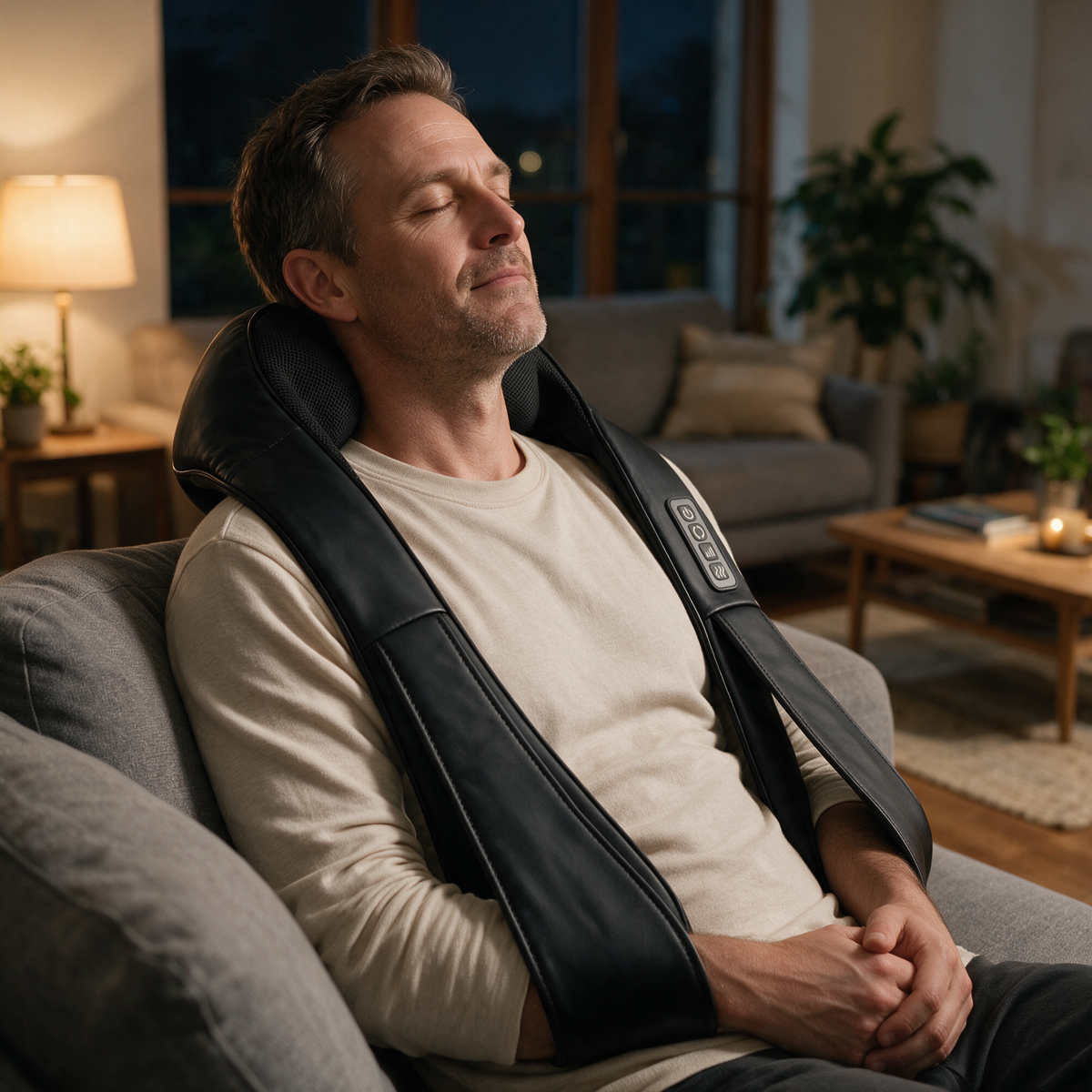 A man sitting back on a sofa in a lamplit living room in the evening, wearing the Heated Shiatsu Neck & Shoulder Massager